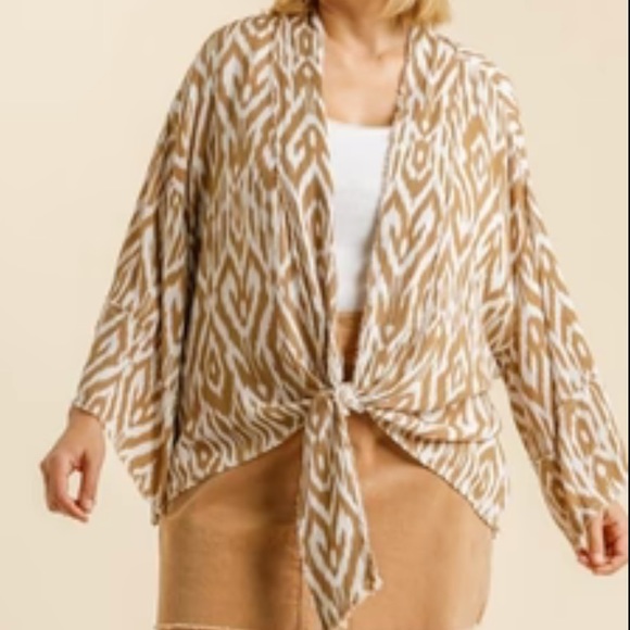 Umgee Ikat Print Kimono Bell Sleeve Tie Front 1X/2X Fray Edge Boho Cardigan - Picture 1 of 9